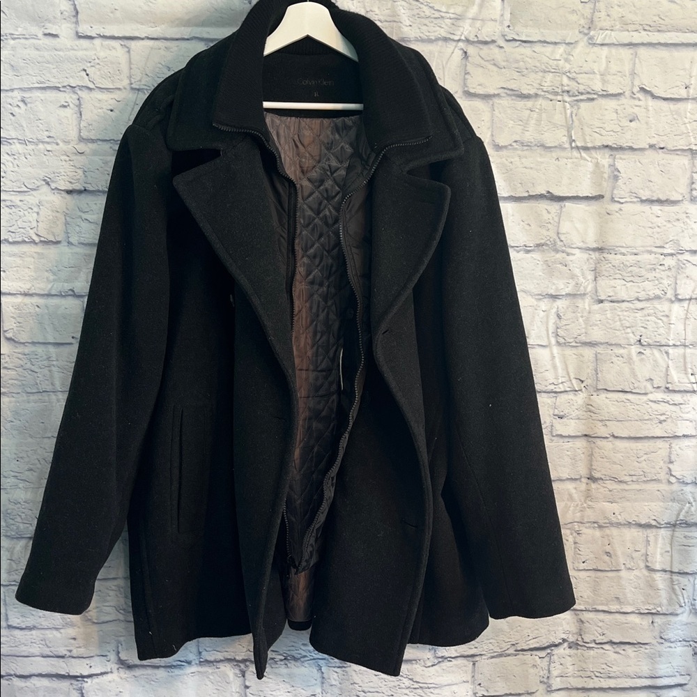 Calvin Klein Wool Blend Pea Coat Double Breasted Quilted Interior Black Size XL